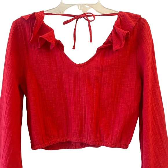 Roxy Red Ruffle Long Wide Sleeves Cropped Elastic Top Small - Picture 4 of 7